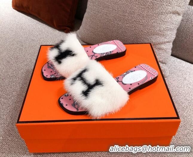 AAAAA Hermes Mink Fur H Flat Side Sandals White 091029