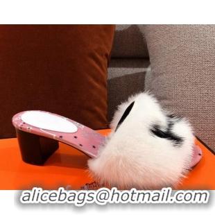 Inexpensive Hermes Mink Fur H Heel Side Sandals White 091029