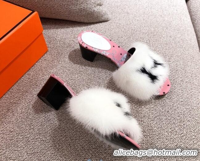 Inexpensive Hermes Mink Fur H Heel Side Sandals White 091029