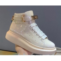 Top Quality Alexander McQueen Patent Leather Sneakers with Lock Charm 90905 White