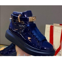 Best Price Alexander McQueen Patent Leather Sneakers with Lock Charm 90905 Navy Blue