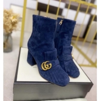 Popular Gucci Leather Ankle Boot With Double G Hardware and Fringe 110978 Blue