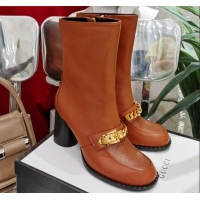 Most Popular Gucci Leather Heel Short Boots with CHain Charm 111657 Brown