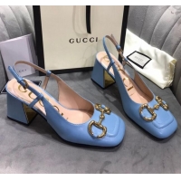 Best Grade Gucci Mid-Heel Slingback Pumps with Horsebit 120232 Blue