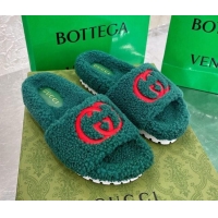 Best Luxury Gucci Shearling Slide Sandals with Interlocking G Embroidery Green 010507