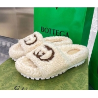 Best Price Gucci Shearling Slide Sandals with Interlocking G Embroidery 010507 White