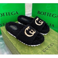 Good Quality Gucci Shearling Slide Sandals with Interlocking G Embroidery 010507 Black