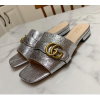 Classic Gucci Leather Double G Flat Slide Sandals 010664 Silver