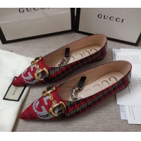 Perfect Gucci Houndstooth and Stripe Ballet Flat with Horsebit 010927 Red/Green