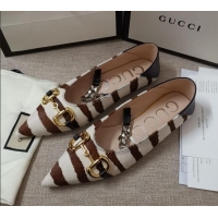 Most Popular Gucci Striped Horse Fur Ballet Flat with Horsebit 010927 White/Brown