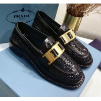 Good Quality Prada 30 mm Woven Calfskin Loafers 072723 Black 