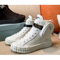 Best Price Prada Wheel Re-Nylon Gabardine High-top Sneakers with Pouch 102038 White