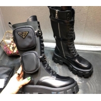 Good Product Prada Shiny Leather Platform High Boots with Nylon Pouches 102242 Black