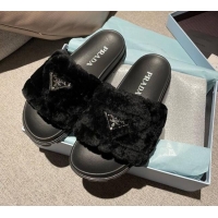 Best Luxury Prada Wool Flat Mule 3 cm Sandals 010804 Black