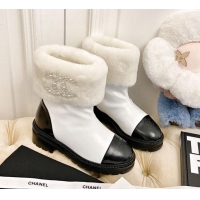 Low Cost Chanel Shiny Leather and Wool Short Boots with Pearl CC White 111045