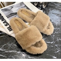 Super Quality Chanel Fur Wide Strap Flat Sandals 111124 Beige