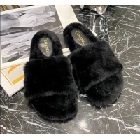 Custom Chanel Fur Wide Strap Flat Sandals 111130 Black