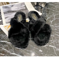 Low Price Chanel Fur Cross Strap Flat Sandals 111130 Black