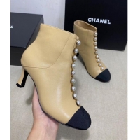 Best Price Chanel Lambskin Short Boots with Pearl Line G36774 Beige