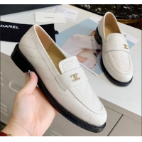 Low Cost Chanel Quilted Lambskin Loafers with CC Band G36436 White