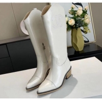 Low Price Chanel Wax Calfskin 50 mm High Boots in CC Embroidery 111407 White