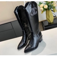 Lower Price Chanel Wax Calfskin 50 mm High Boots in CC Embroidery 111407 Black