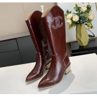 Best Product Chanel Wax Calfskin 50 mm High Boots in CC Embroidery 111407 Burgundy