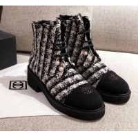 Pretty Style Chanel Tweed Short Ankle Boots with Pearls G33823 White/Black