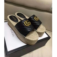 Top Grade Gucci Marmont Pilar Platform GG Logo Leather Slide Mule Espadrille Flat Sandals G8510 Black