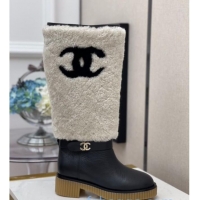 Luxury Cheap Chanel Crumpled Calfskin Wool around 38cm High Boots 120124 White