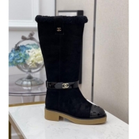 Good Product Chanel Suede Wool around 38cm High Boots with CC Strap 120126 Black