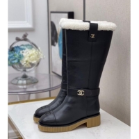 Grade Quality Chanel Calfskin Wool around 38cm High Boots with CC Strap 120127 Black