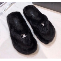 Shop Chanel Mink Fur Flat Thong Sandals 120283 Black