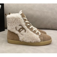 Best Quality Chanel Suede and CC Shearling Wool Short Boots 120422 Brown