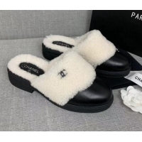 Top Quality Chanel Leather Shearling Wool Flat Mules 120451 Black