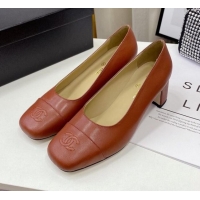 Super Quality Chanel Lambskin Square Heel Pumps 5cm 122104 Brown