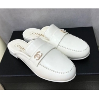 Duplicate Chanel Calfskin Pearl Charm Mules 122195 White  ​