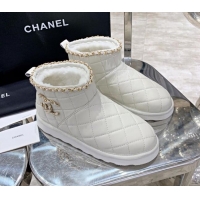 New Style Chanel Quilted Lambskin Wool Flat Short Boots with Chain Charm 22198 White