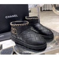 AAAAA Chanel Quilted Lambskin Wool Flat Short Boots with Chain Charm 22198 Black