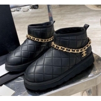 Top Quality Chanel Quilted Lambskin Wool Flat Short Boots with Chain Charm 122110 Black