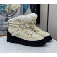 Top Sale Chanel Calfskin Wool Lace-up Flat Short Boots G35376 White