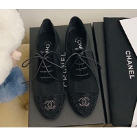 Unique Grade Chanel Mesh Crystal Lace up Flat 122313 Black