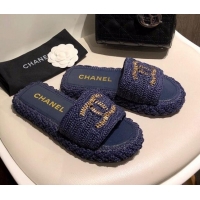 New Fashion Chanel Cord Slide Sandal Mules G36923 Navy Blue