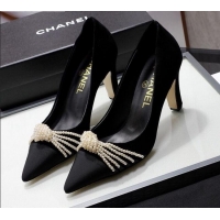 Top Grade Chanel Suede Kidskin Pumps with Pearl Knot Charm G36391 7.5cm Black 2021