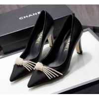 Best Quality Chanel Leather Pumps with Pearl Knot Charm G36391 7.5cm Black 2021