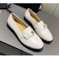 Classic Practical Chanel Calfskin CC Strap Loafers 010825 White 2021