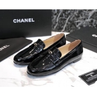 Best Chanel Patent Leather CC Strap Loafers 010828 Black 2021