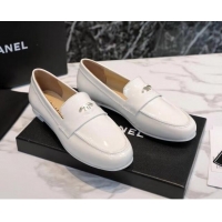 Perfect Chanel Patent Leather CC Strap Loafers 010828 White 2021