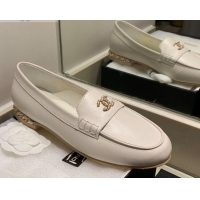 Discount Chanel Lambskin Chain Charm Loafers G35067 White 2021