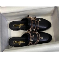 Unique Style Chanel Leather Flat Mules with Chain 010933 Black 2021